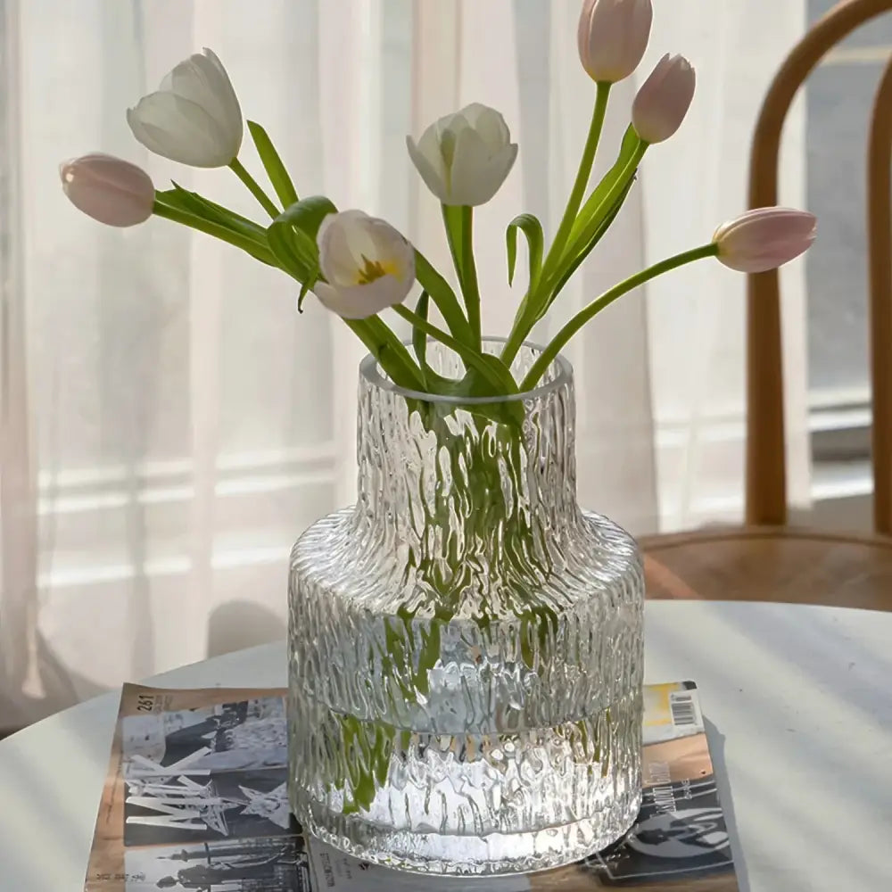 DecorBites™ vintage nordic clear glass vase with textured ribbed surface and flared neck for wide-mouth flowers