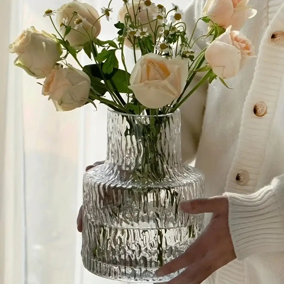 DecorBites™ vintage Nordic clear glass vase with textured glass ribbed surface and layered cylindrical shape for flowers