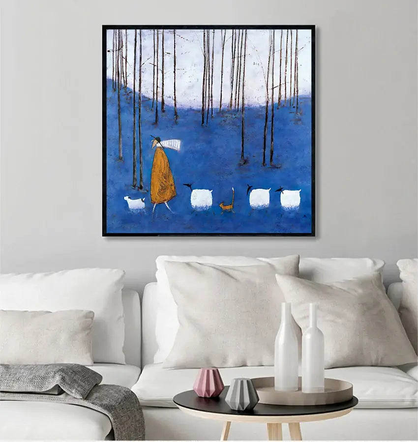 Decorbites™ vintage nordic canvas wall art featuring blue frame and stylized figure in orange robe with sheep in forest