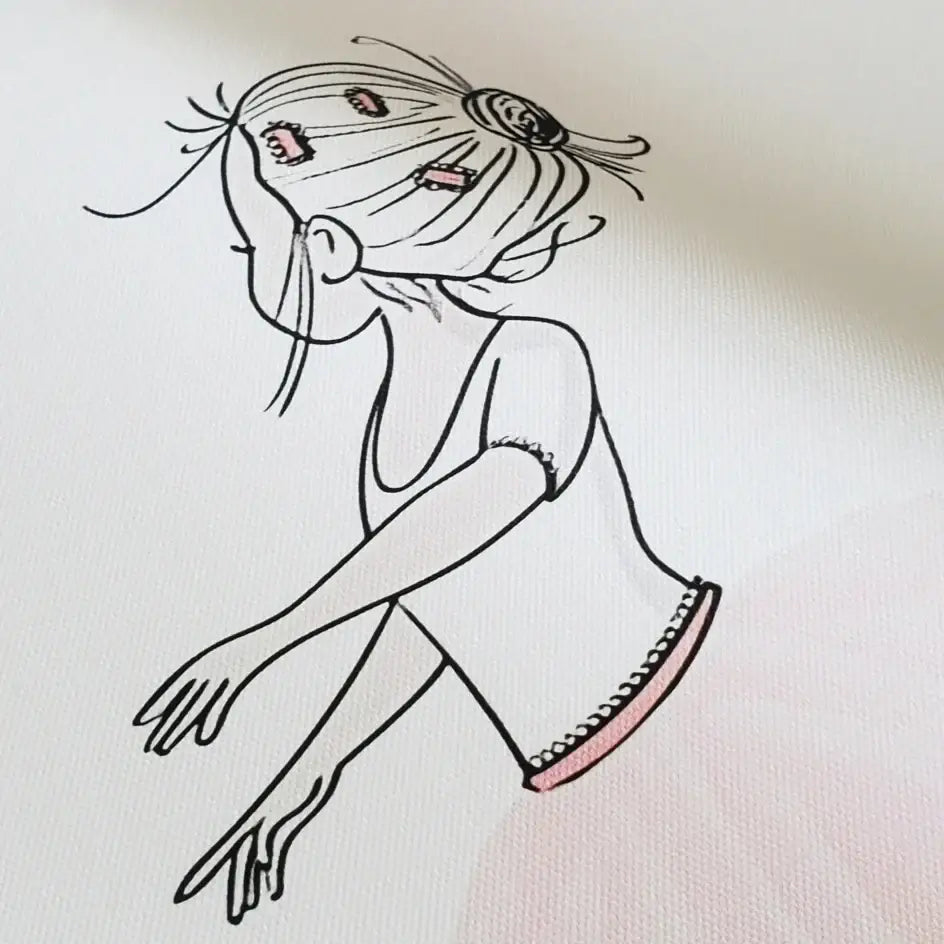 Delicate line drawing of a girl in ballet pose with pink accents on canvas wall art for vintage nordic decor
