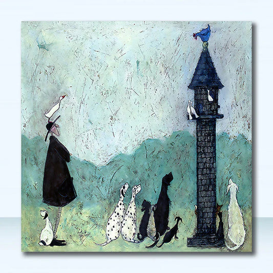 Whimsical vintage nordic love dogs canvas wall art featuring a man with dogs and a tall dark tower by decorbites
