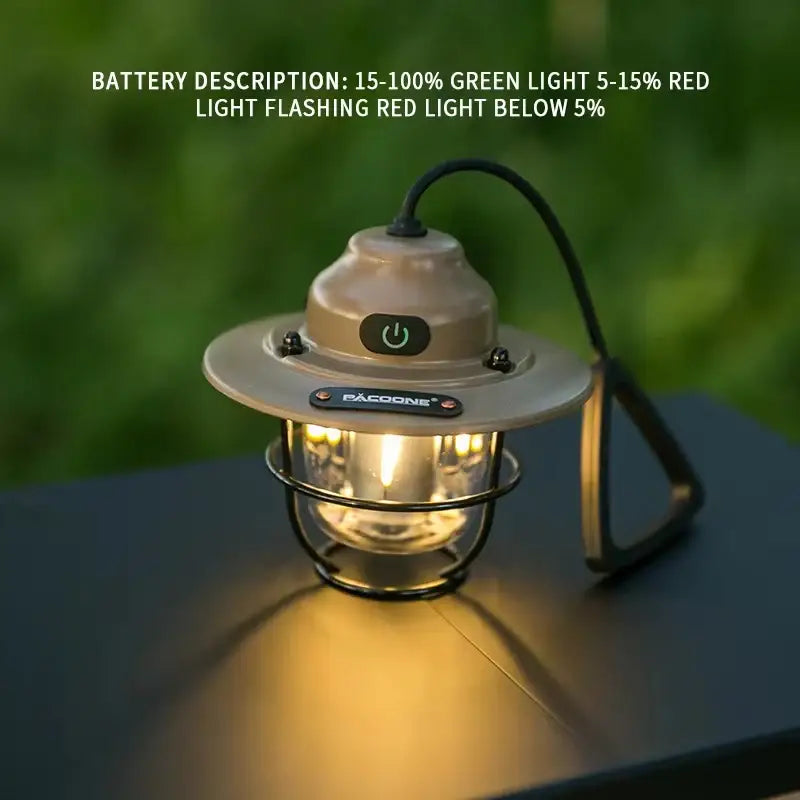 Tan pacoone decorbites™ vintage outdoor rechargeable camping chandelier light with black wire cage emits warm hand light