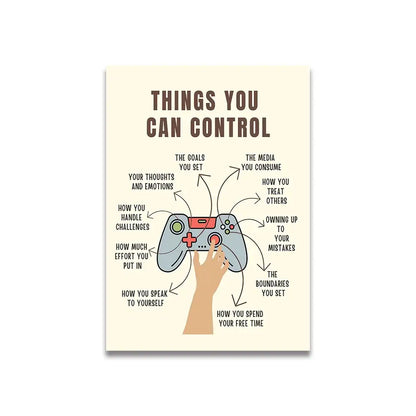 Beige vintage pink cartoon motivational poster featuring stylized gray and red gaming controller on canvas wall art
