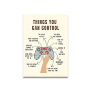 Beige vintage pink cartoon motivational canvas wall art featuring a gray and red gaming controller with control phrases
