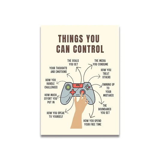 Beige vintage pink cartoon motivational canvas wall art featuring a gray and red gaming controller with control phrases