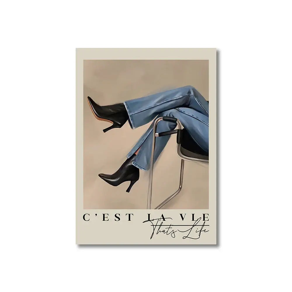 Black leather high-heeled ankle boots paired with light blue denim jeans complement vintage pink cartoon canvas wall art