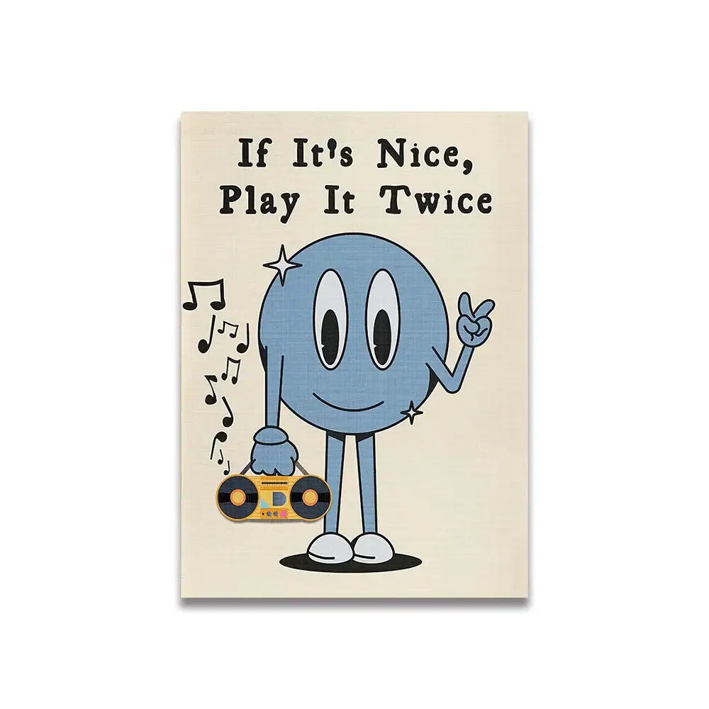 Decorbites™ vintage pink cartoon canvas wall art featuring a blue character holding a yellow boombox on beige background