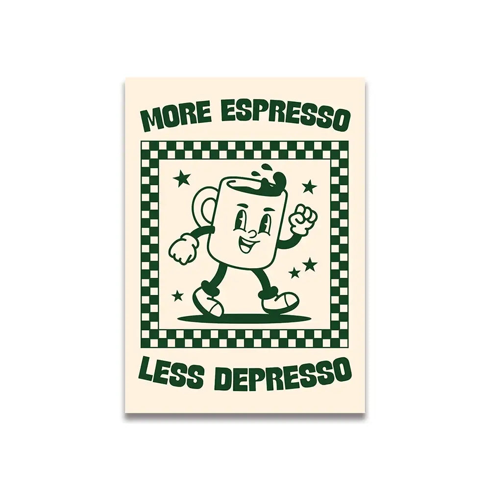 Decorbites™ vintage pink cartoon canvas wall art featuring a cheerful green ink espresso cup on cream background