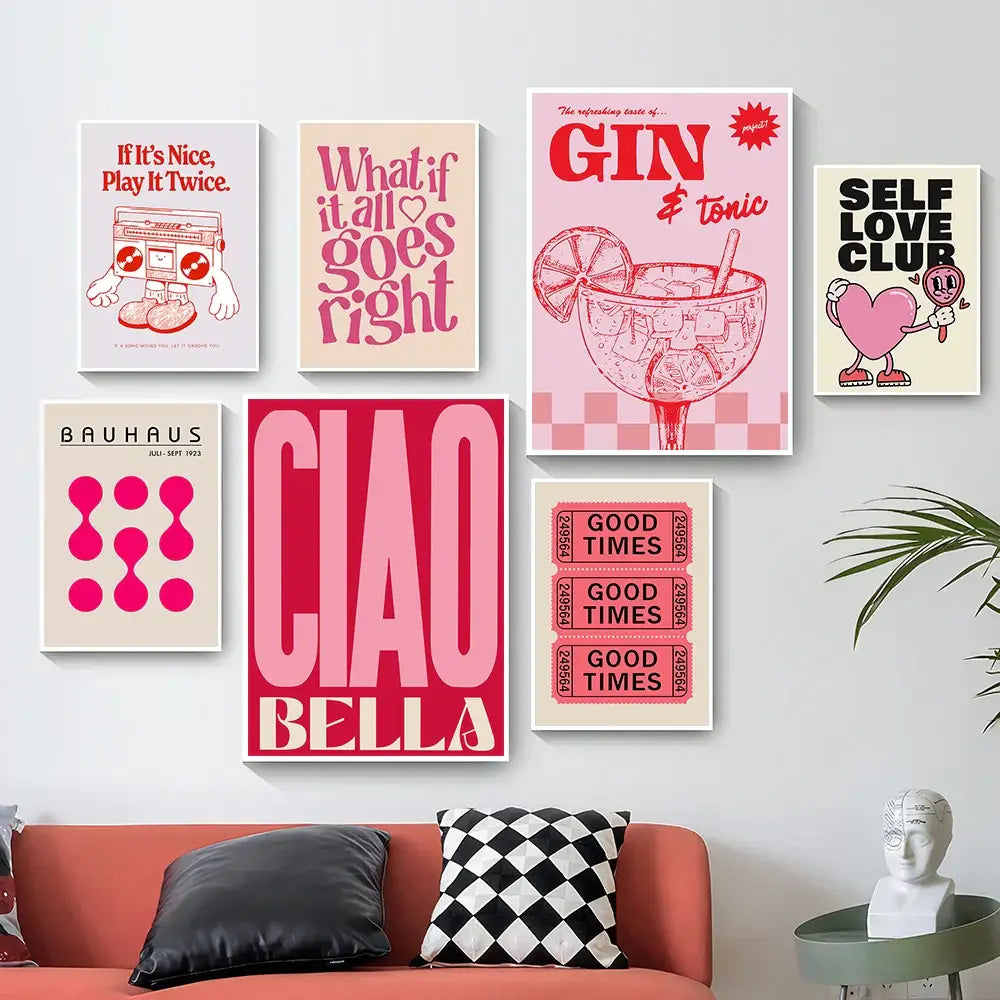 A collection of six framed vintage pink cartoon canvas wall art posters featuring bold typography and retro graphics