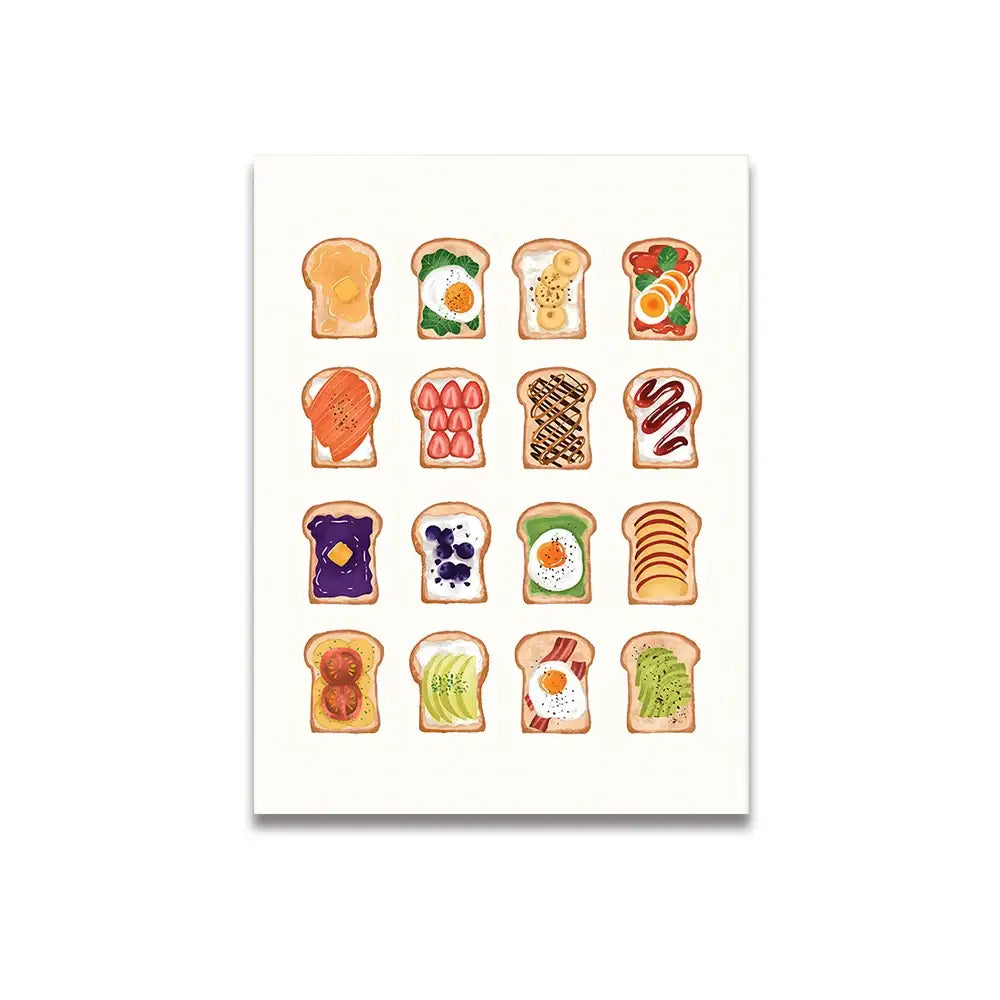Decorbites™ vintage pink cartoon canvas wall art featuring sixteen colorful toast illustrations in a grid layout