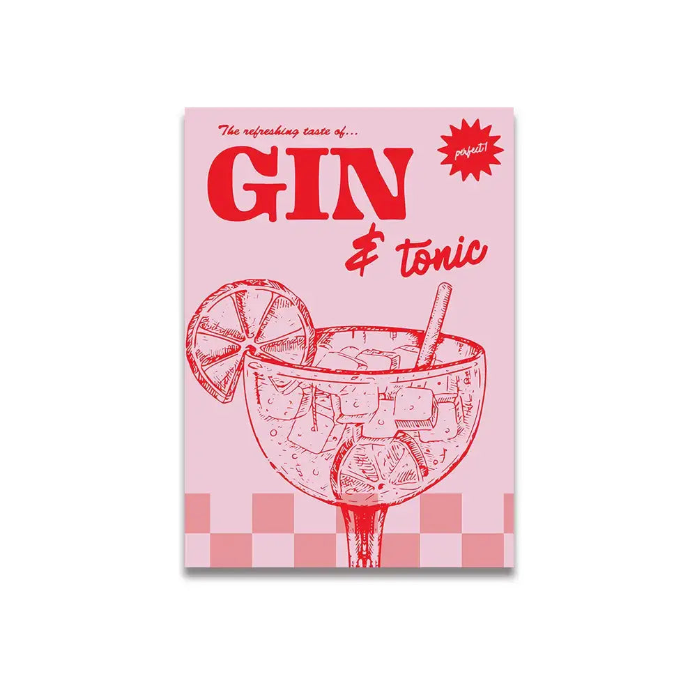 Pink cartoon vintage pink gin and tonic line-art in margarita glass on canvas wall art by DecorBites™ Vintage Pink Cartoon