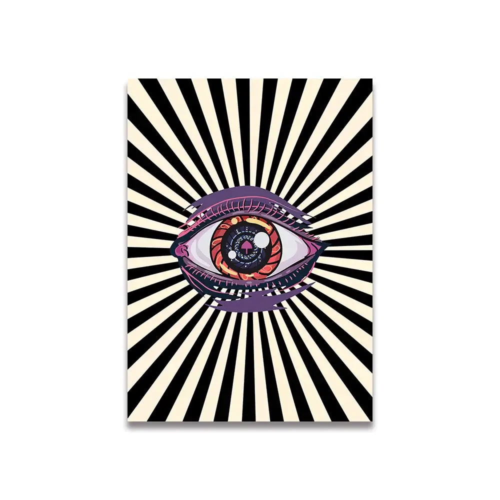 DecorBites™ vintage pink cartoon canvas wall art featuring a stylized eye with purple iris and red-orange pupil