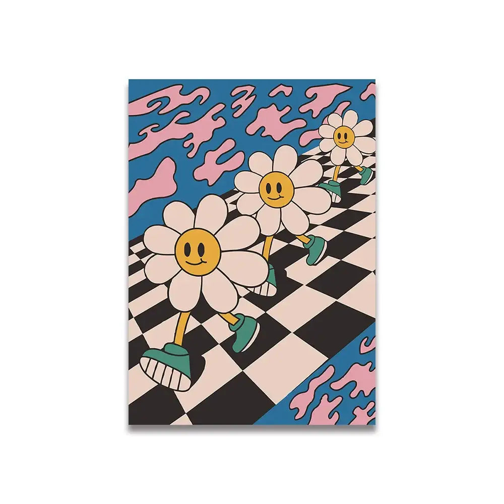 Decorbites™ vintage pink cartoon canvas wall art featuring three daisies running on checkered floor with blue background