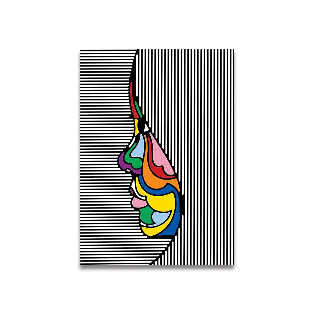 Decorbites™ vintage pink cartoon canvas wall art featuring vibrant stylized profile in rainbow hues on striped background