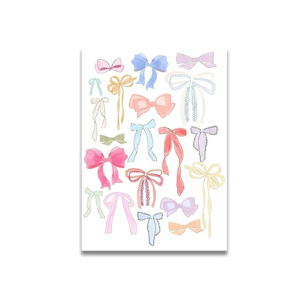 Decorbites™ vintage pink cartoon canvas wall art featuring delicate bows in soft pastel pink blue and peach hues