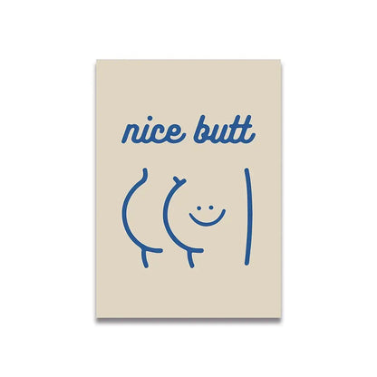 Beige canvas print featuring minimalist blue line drawing with nice butt text in decorbites vintage pink cartoon print