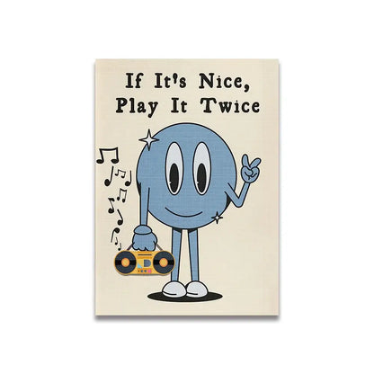 DecorBites™ vintage pink cartoon print canvas poster featuring a blue cartoon character with a yellow boombox on beige background