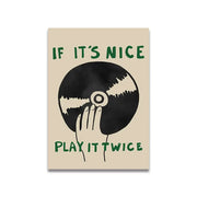 Beige rectangular vintage pink cartoon print canvas wall art featuring a stylized black vinyl record with hands and text