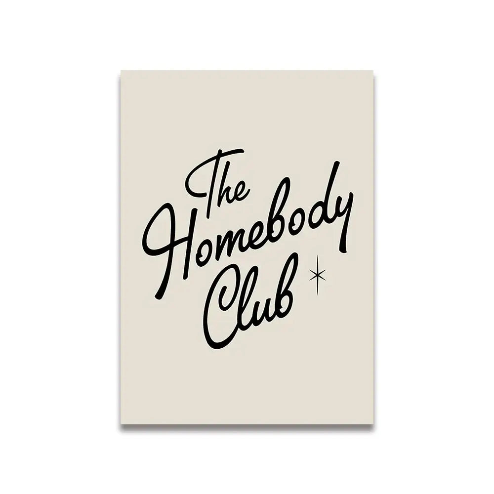 Beige rectangular canvas wall art with black cursive text the homebody club and star accent in decorbites vintage pink cartoon print