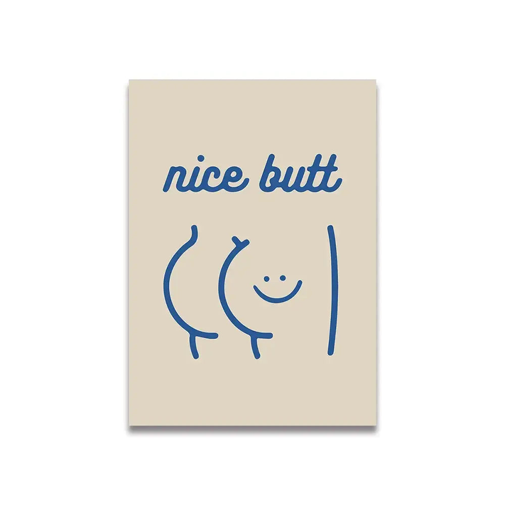 Beige canvas print wall art featuring a minimalist blue line vintage pink cartoon drawing with nice butt text