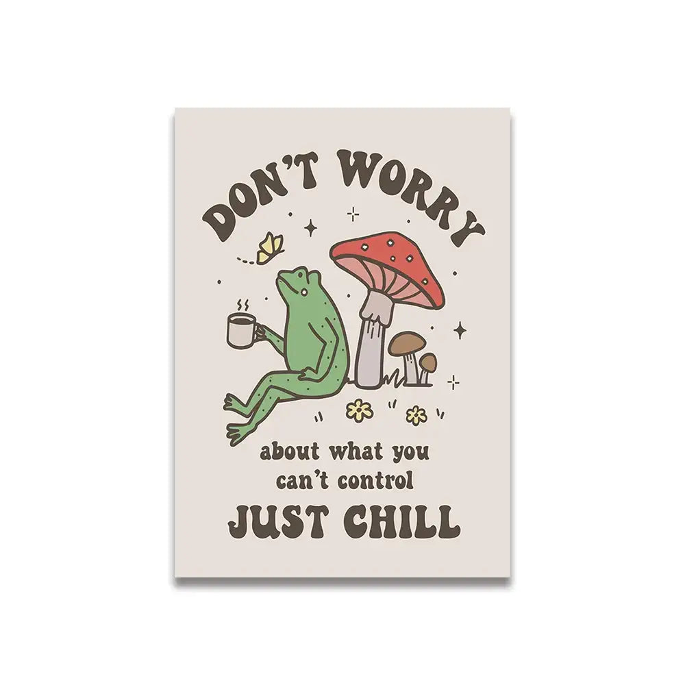 Beige rectangular canvas wall art featuring a green frog and mushrooms with dark brown text pink cartoon print decor