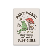 Beige rectangular canvas print vintage pink cartoon featuring a green frog with mushrooms and motivational text wall art