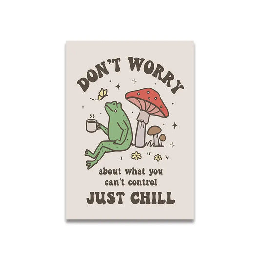 Beige rectangular canvas print vintage pink cartoon featuring a green frog with mushrooms and motivational text wall art