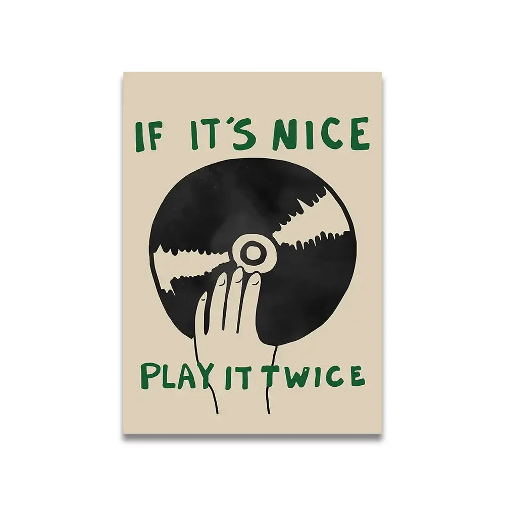 Beige rectangular canvas wall art by decorbites featuring a stylized black vinyl record with pink cartoon print text design