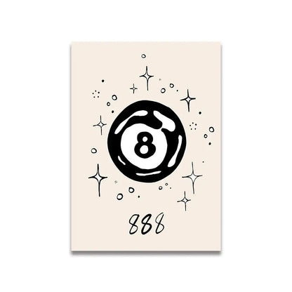 Beige canvas art featuring a bold black hand-drawn eight-ball with sparkling stars and number 888 vintage pink cartoon print