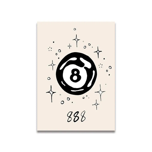 Decorbites™ vintage pink cartoon print canvas wall art beige with bold black hand-drawn eight-ball and 888 stars