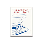 Decorbites™ vintage pink cartoon print canvas wall art featuring blue record player line-art and red text play it twice