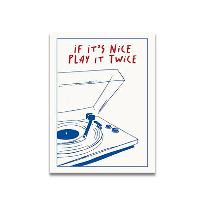 Decorbites™ vintage pink cartoon canvas wall art featuring blue line-art record player with red if it’s nice play it twice text