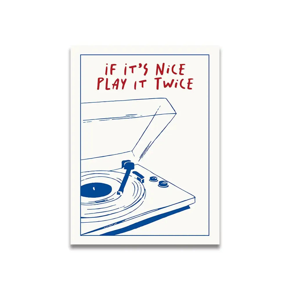 Decorbites vintage pink cartoon print canvas wall art featuring blue line-art record player and red text play it twice