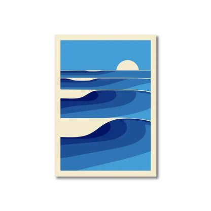 DecorBites™ vintage pink cartoon print canvas wall art featuring blue ocean wave with cream border and stylized sun