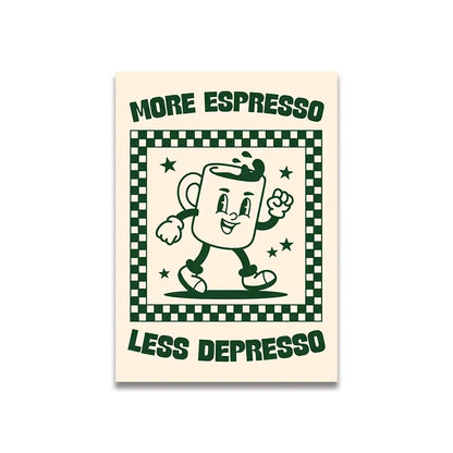 DecorBites vintage pink cartoon print canvas wall art featuring a cheerful green ink espresso cup on cream background