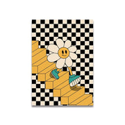 DecorBites™ vintage pink cartoon print canvas wall art featuring a cheerful daisy walking up golden stairs