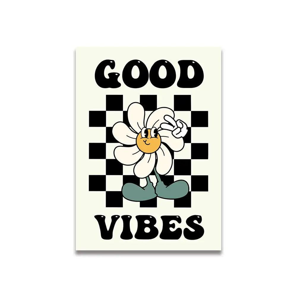 Decorbites™ vintage pink cartoon print canvas wall art featuring a cheerful cartoon daisy with green shoes on checkered background