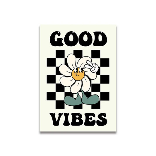 Decorbites™ vintage pink cartoon print canvas wall art features a cheerful daisy with white petals on checkered background