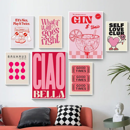 DecorBites™ vintage pink cartoon print canvas wall art featuring six framed posters with bold pink typography and vintage graphics