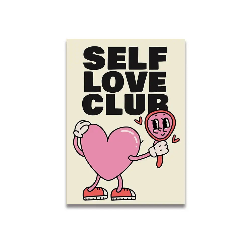 Decorbites™ vintage pink cartoon print canvas wall art featuring a pink cartoon heart character with red sneakers