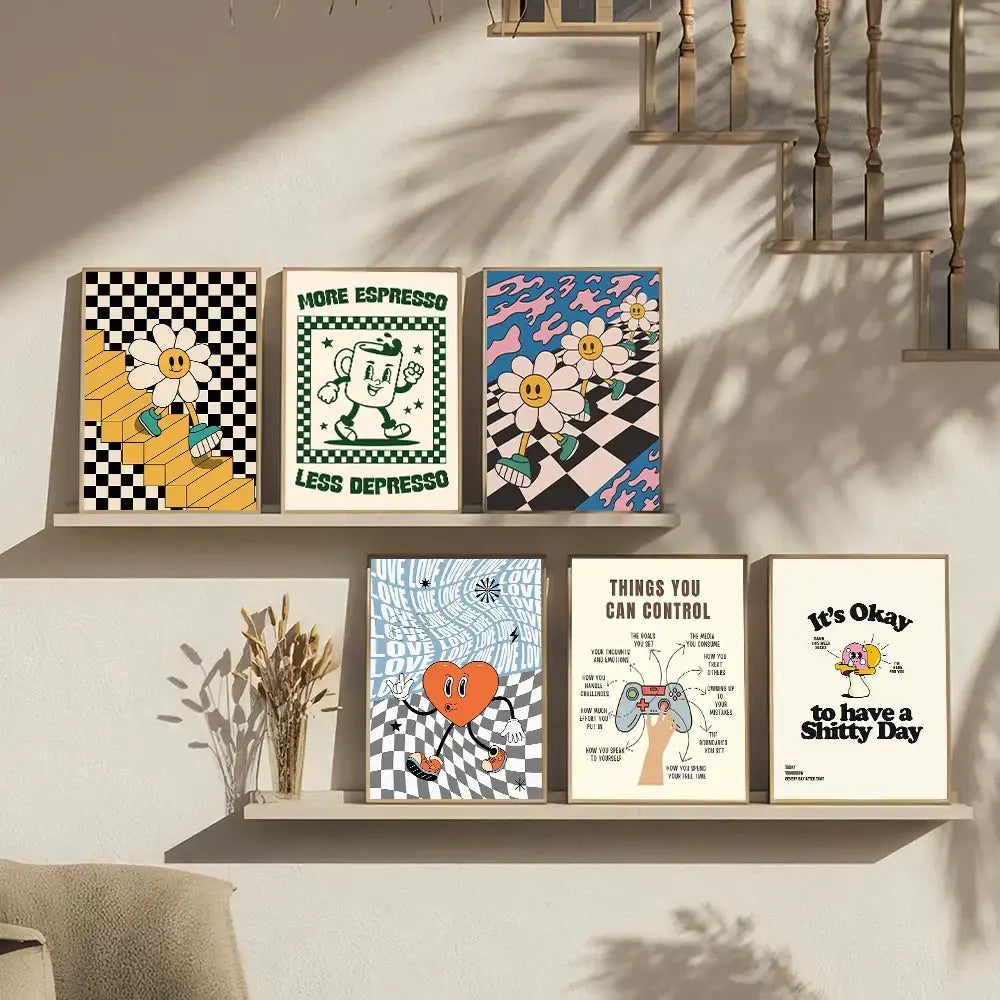 Set of six colorful framed cartoon print posters with playful designs and motivational phrases in vintage pink tones