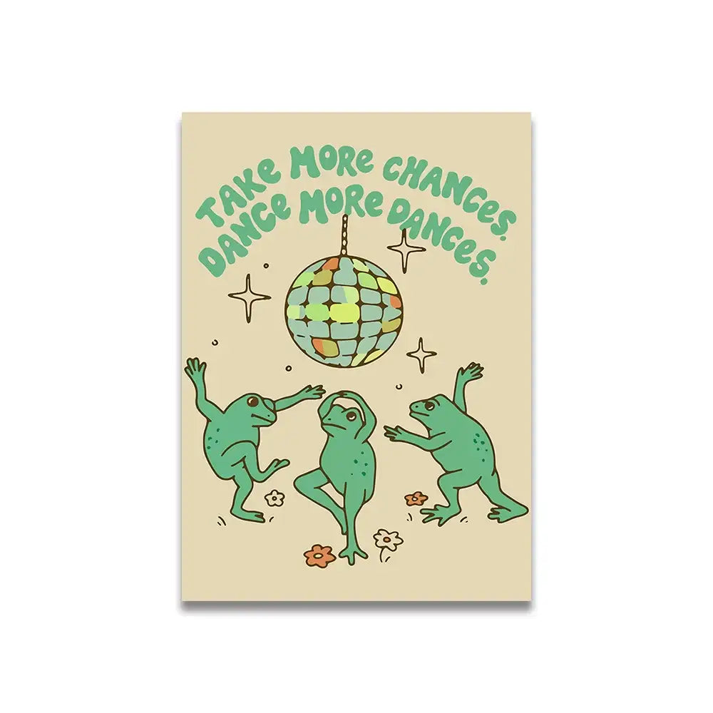 Beige rectangular poster featuring vintage pink cartoon print of three green frogs dancing beneath a disco ball by decorbites