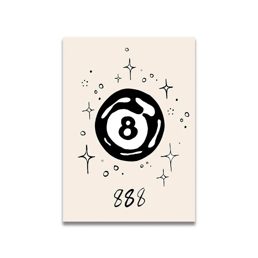 Beige canvas art featuring vintage pink cartoon print with black eight-ball illustration and sparkling stars by decorbites