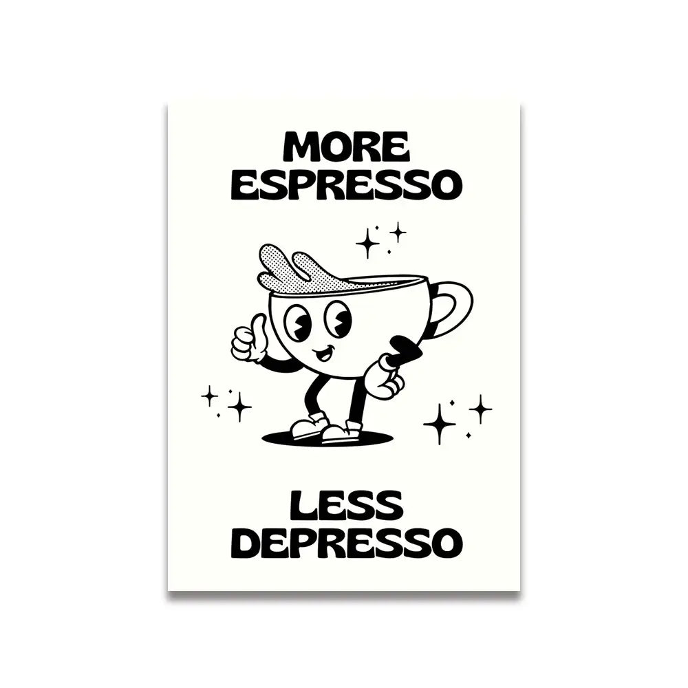 Decorbites vintage pink cartoon print wall art canvas featuring a black-and-white cartoon espresso cup giving thumbs-up