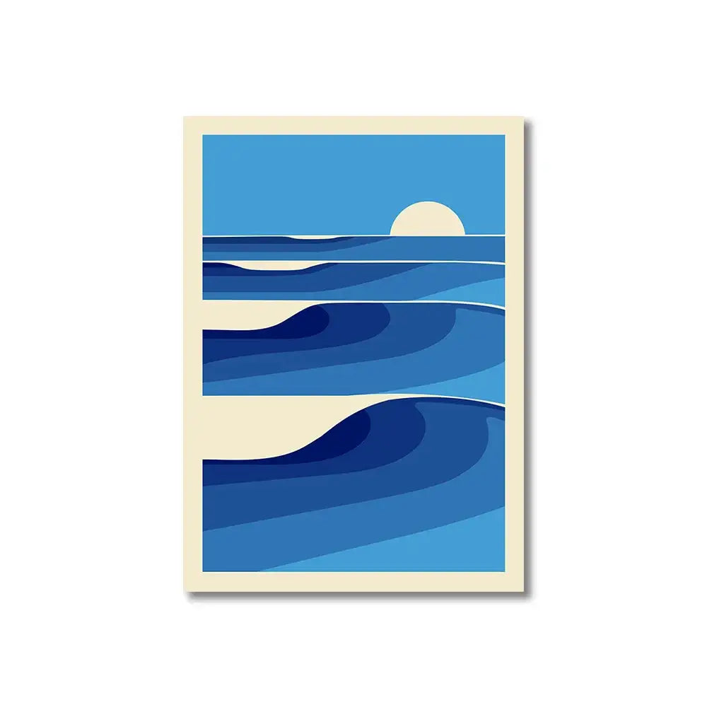 Blue ocean wave art print with cream border and stylized sun in vintage pink cartoon print wall art canvas by DecorBites™