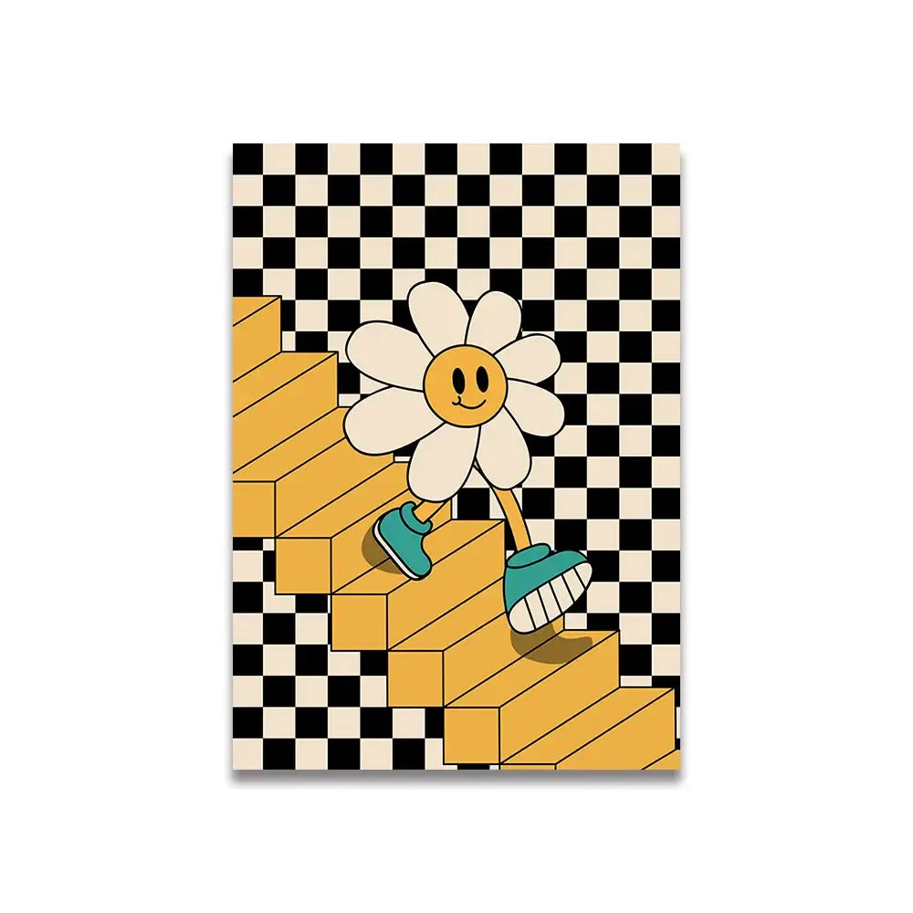 Decorbites™ vintage pink cartoon print wall art canvas featuring a cheerful daisy with teal sneakers on golden stairs