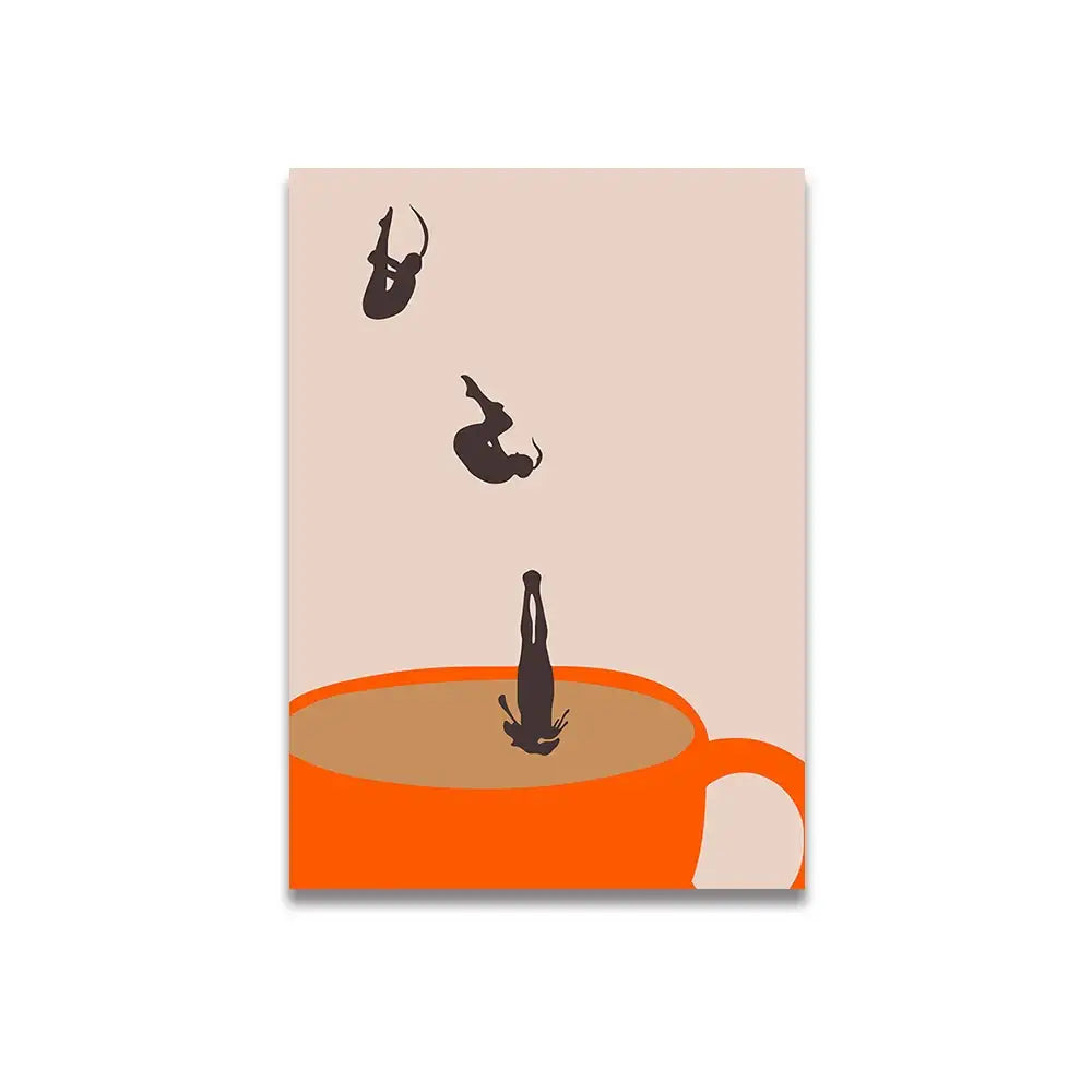 Orange coffee cup wall art canvas with vintage pink cartoon print featuring black silhouettes of people diving in