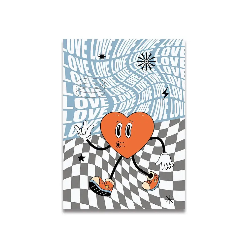 Decorbites™ vintage pink cartoon print wall art canvas featuring an orange heart character with star sneakers