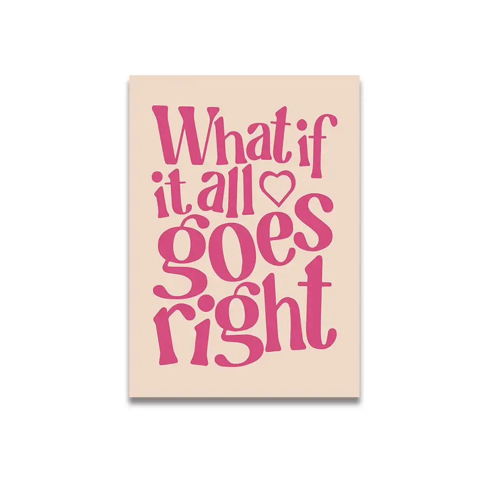 A rectangular beige canvas print wall art featuring a vintage pink cartoon print with a heart symbol in bold lettering
