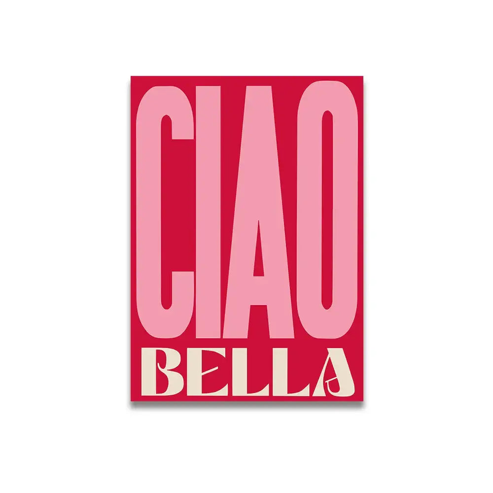A vibrant red rectangular canvas wall art featuring bold gradient pink ciao text and cream vintage pink cartoon print bella